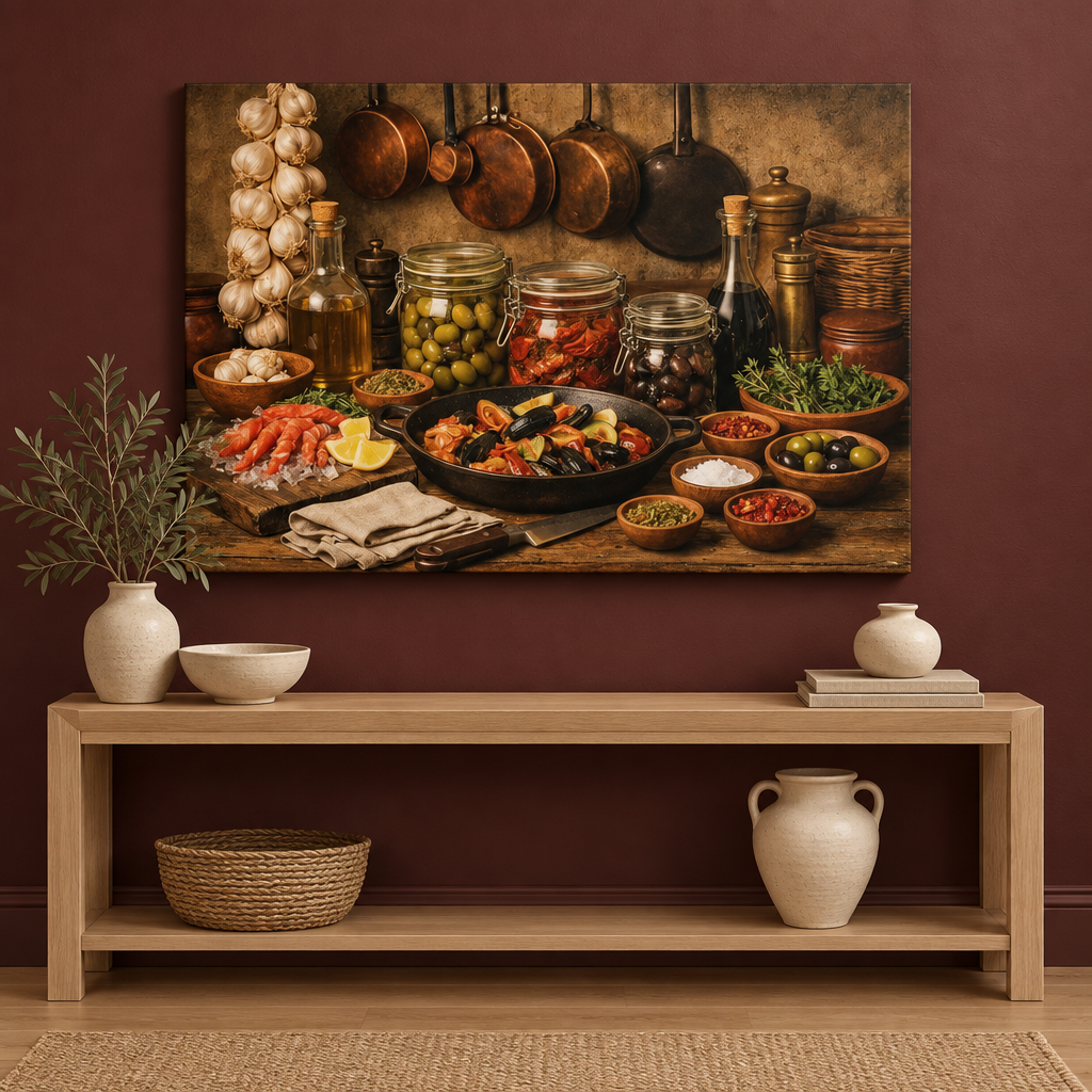 Mediterranean ingredients still-life canvas above a console in a burgundy entryway - Portugal Canvas Co
