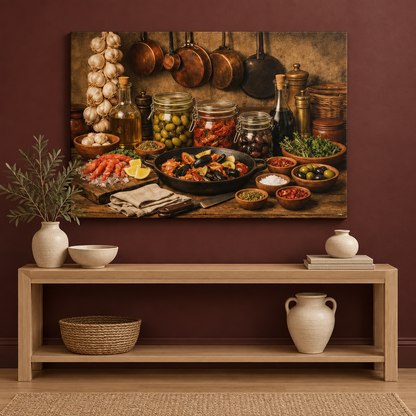 Mediterranean ingredients still-life canvas above a console in a burgundy entryway - Portugal Canvas Co