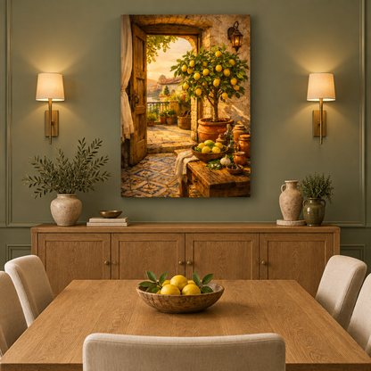 Mediterranean lemon tree canvas displayed in a sage green dining room - Portugal Canvas Co