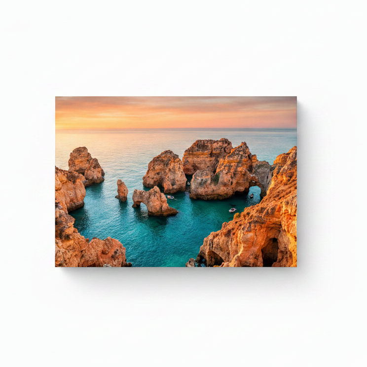 Algarve Ponta da Piedade golden rock formations sea arches turquoise cove and boats at sunset canvas wall art on white background - Portugal Canvas Co