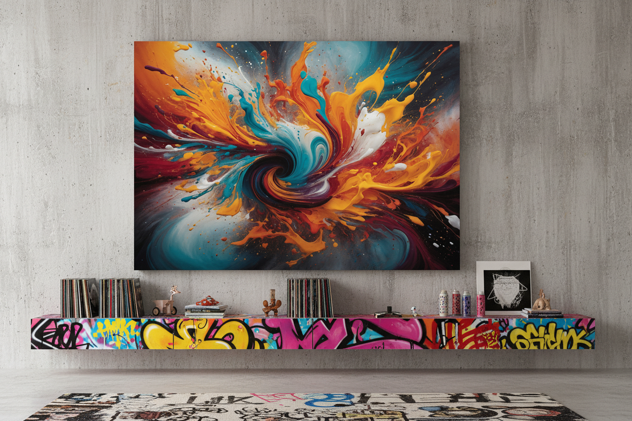 Vibrant abstract swirl canvas wall art displayed on exposed concrete wall in trendy street art inspired creative studio space - Portugal Canvas Co