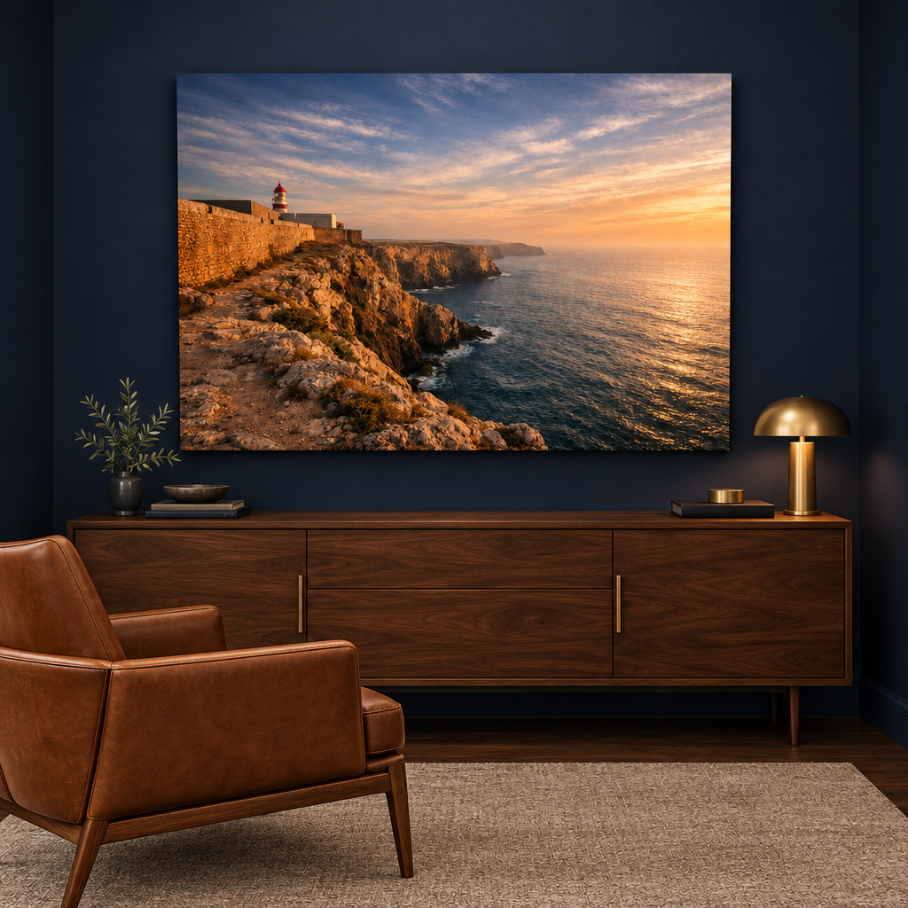 Sagres Fortress sunset canvas above a walnut sideboard in a navy room with a cognac chair - Portugal Canvas Co