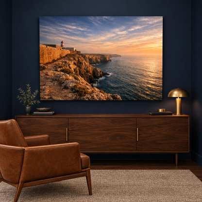 Sagres Fortress sunset canvas above a walnut sideboard in a navy room with a cognac chair - Portugal Canvas Co