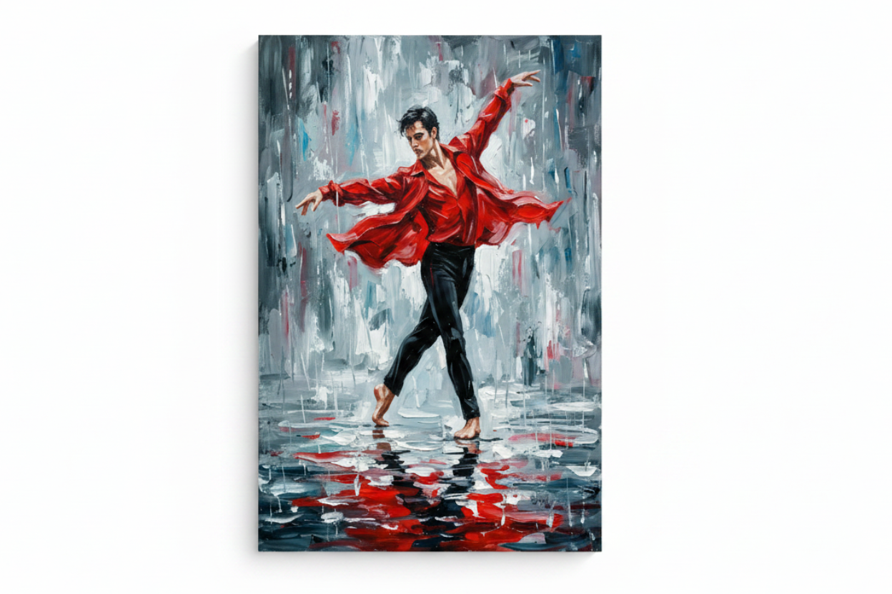 Male flamenco dancer red shirt canvas wall art flat lay on white background top-down view 3x2 - Portugal Canvas Co