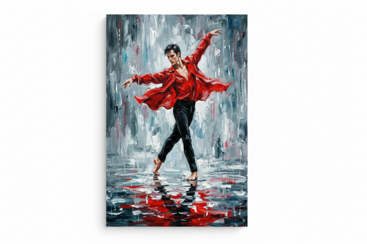 Male flamenco dancer red shirt canvas wall art flat lay on white background top-down view 3x2 - Portugal Canvas Co