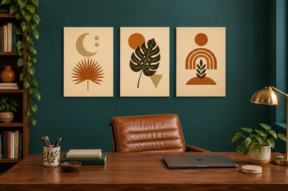 Minimalist boho geometric canvas triptych in a teal home office with walnut desk - Portugal Canvas Co