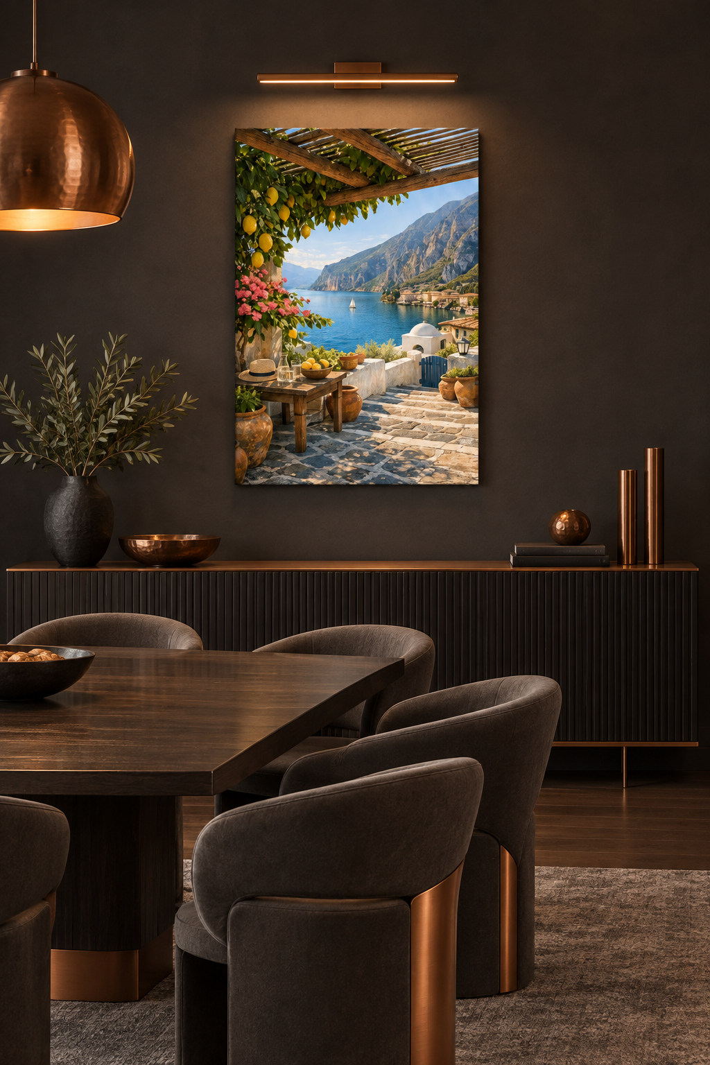 Lemon pergola terrace canvas above a sideboard in a charcoal and copper dining room - Portugal Canvas Co