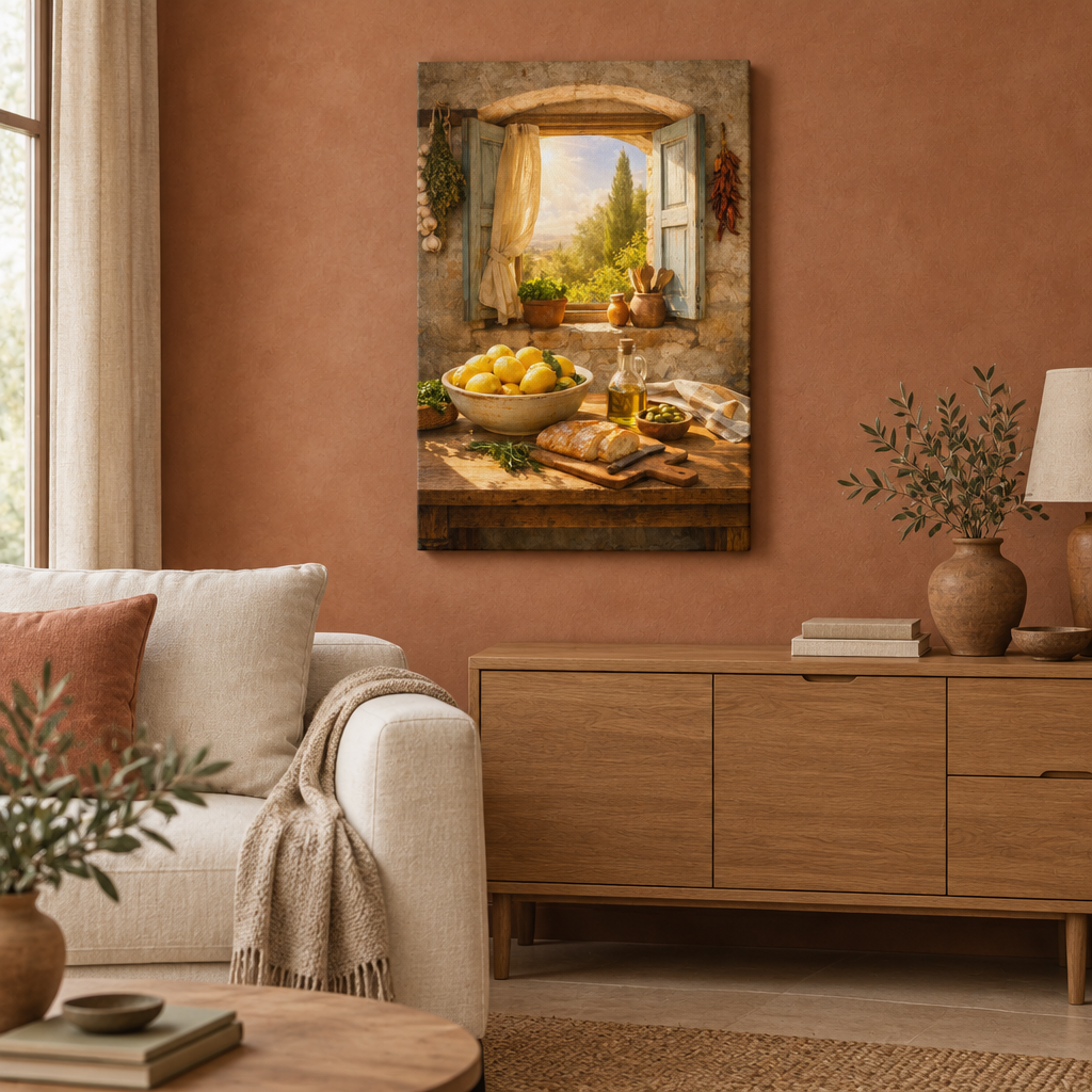 Rustic lemon window still life canvas wall art in a terracotta living room - Portugal Canvas Co