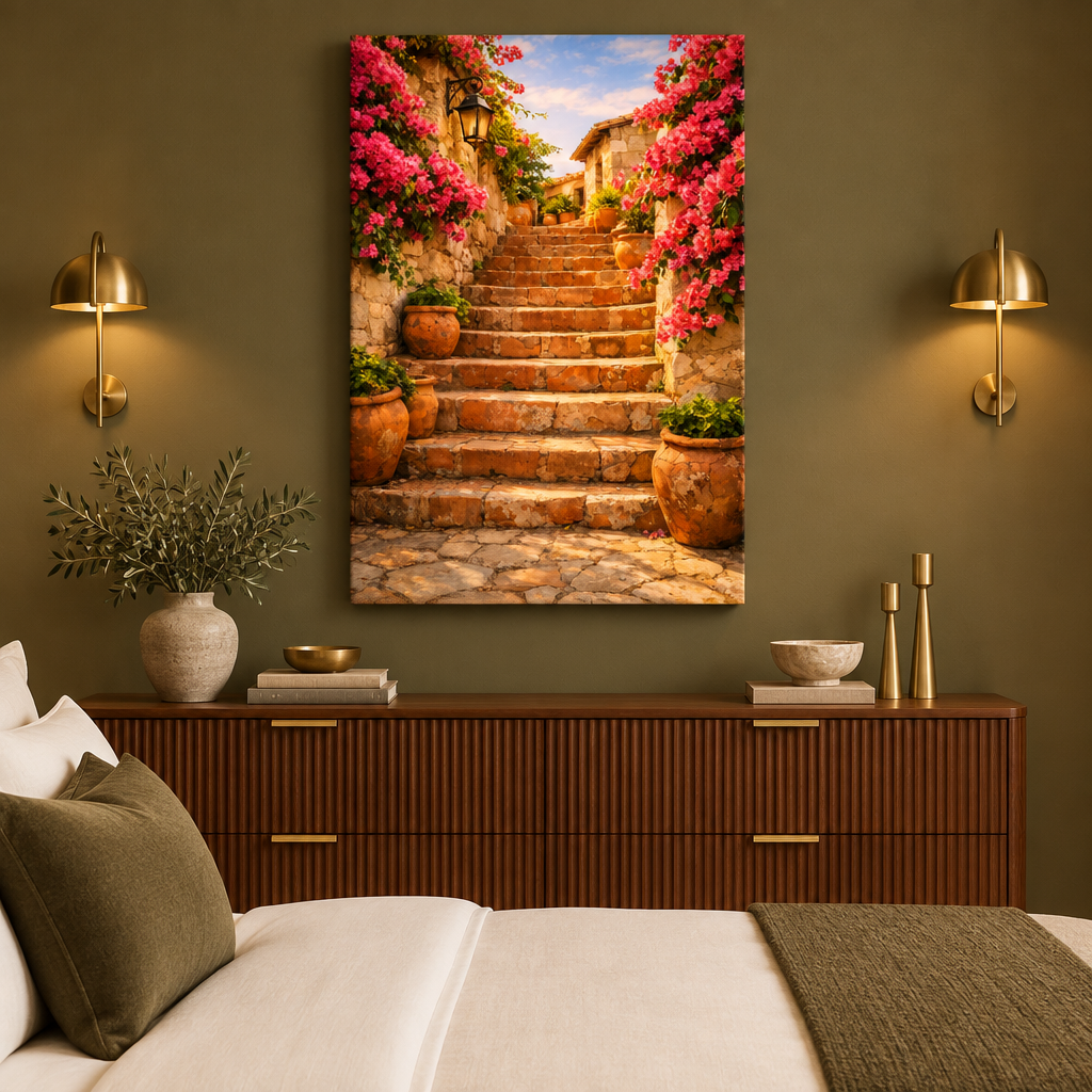 Pink bougainvillea and golden stone staircase canvas above a walnut dresser in an olive boutique-hotel bedroom - Portugal Canvas Co