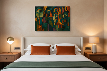 Colorful Cubist Faces canvas above an upholstered bed in a luxury boutique hotel bedroom - Portugal Canvas Co