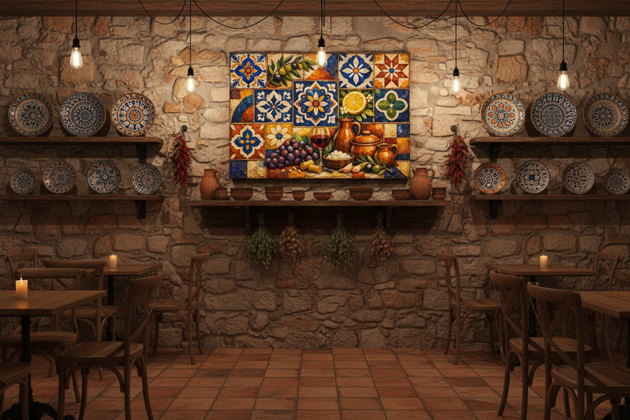 Mediterranean Mosaic Still Life Canvas displayed in a cosy Mediterranean tapas bar - Portugal Canvas Co