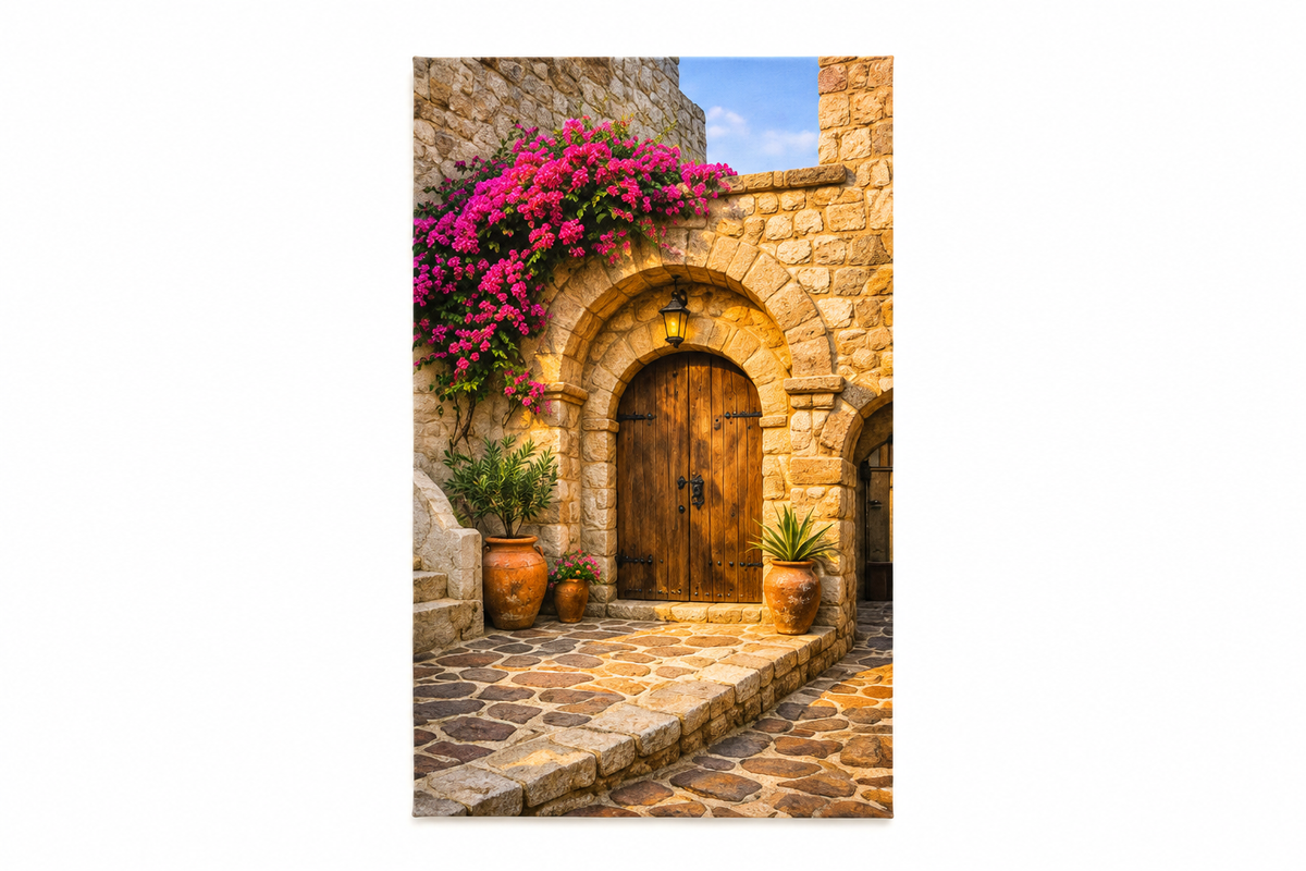 Mediterranean stone archway with wooden door and pink bougainvillea canvas wall art flat lay on white background - Portugal Canvas Co