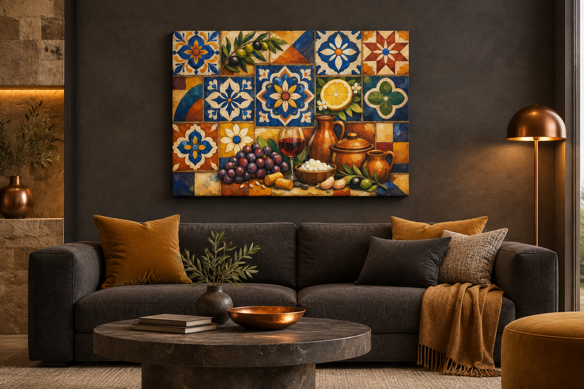 Mediterranean mosaic still life gallery-wrapped canvas in charcoal and ochre lounge - Portugal Canvas Co