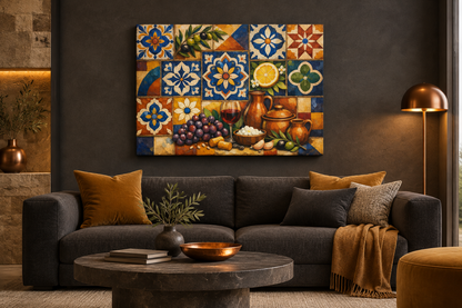 Mediterranean mosaic still life gallery-wrapped canvas in charcoal and ochre lounge - Portugal Canvas Co