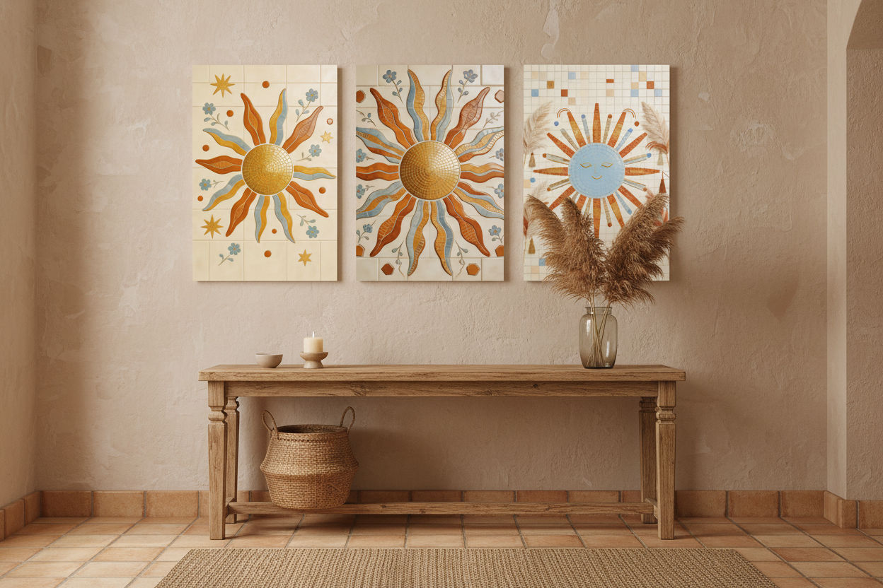 Boho mosaic sun triptych canvas wall art set displayed in a warm boho hallway entryway - Portugal Canvas Co