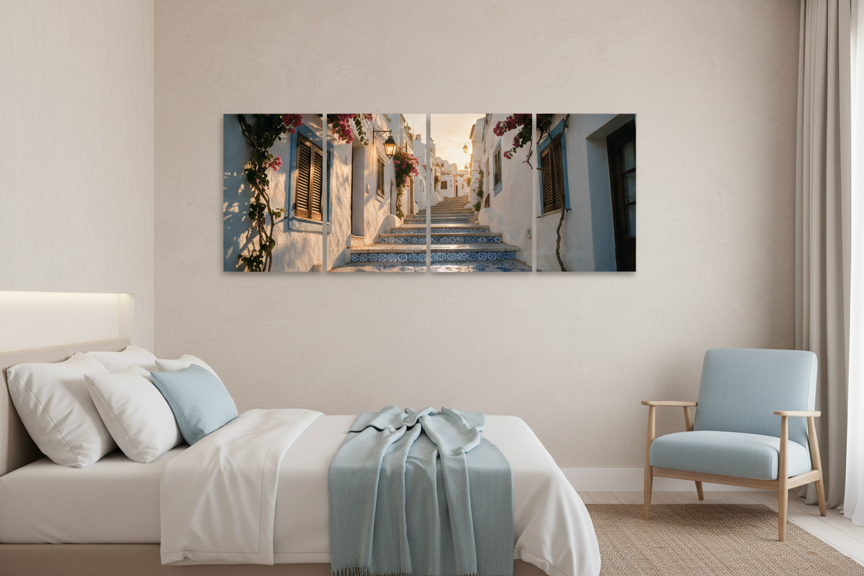 Four-panel Old Town Albufeira canvas wall art in a coastal guesthouse bedroom suite with pale blue accents - Portugal Canvas Co