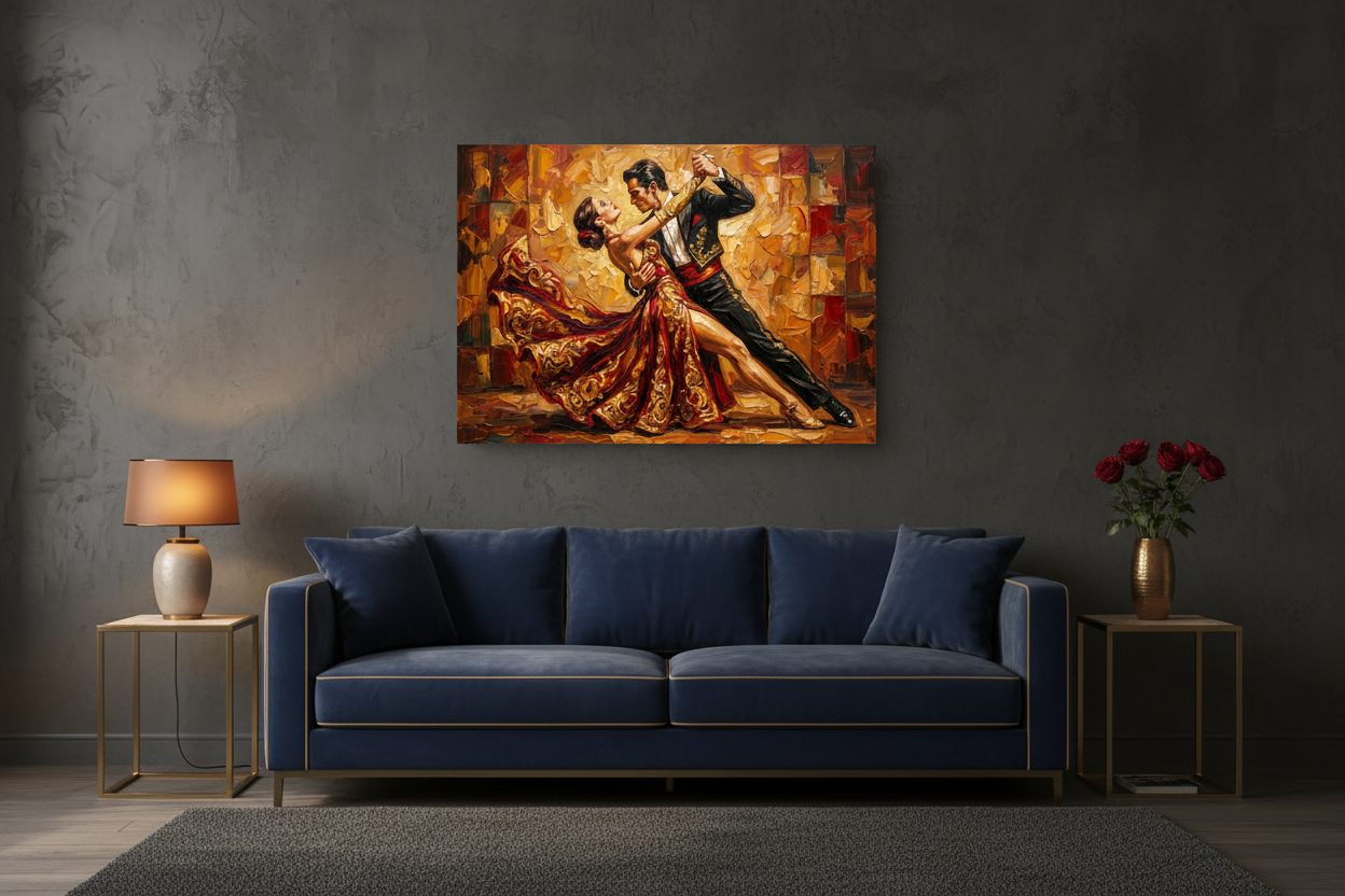 Golden Tango Embrace couples dance canvas wall art on a charcoal grey wall in a dark moody living room with velvet sofa and brass accents - Portugal Canvas Co