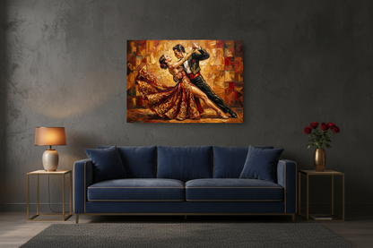 Golden Tango Embrace couples dance canvas wall art on a charcoal grey wall in a dark moody living room with velvet sofa and brass accents - Portugal Canvas Co