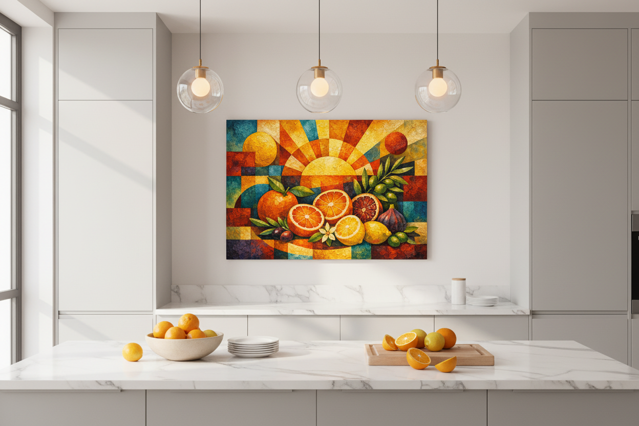 Citrus sunrise still life cubist canvas wall art displayed in a bright modern kitchen interior - Portugal Canvas Co