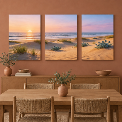 Three-panel beach sunset canvas art with dunes and sea above a terracotta dining room sideboard - Portugal Canvas Co