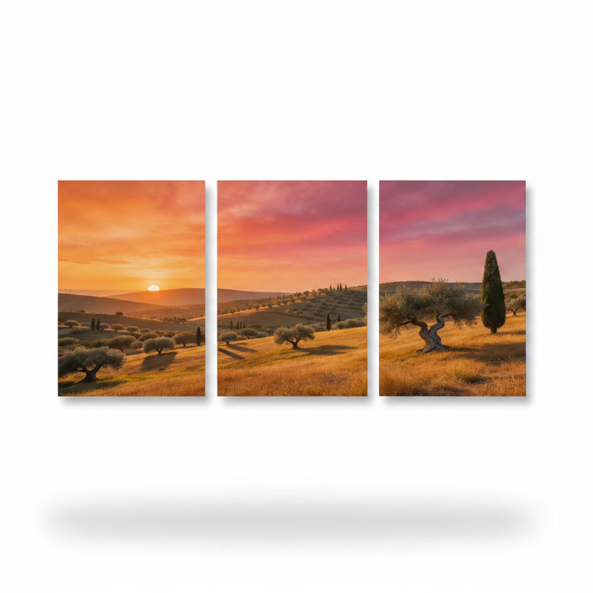 Mediterranean sunset landscape triptych olive grove canvas wall art on white background - Portugal Canvas Co