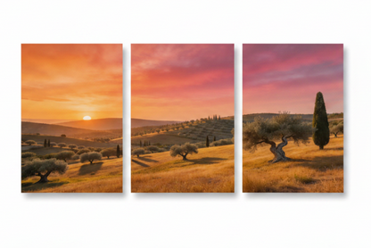 Mediterranean sunset landscape triptych olive grove canvas wall art on white background - Portugal Canvas Co