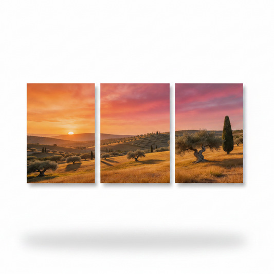 Mediterranean sunset landscape triptych olive grove canvas wall art on white background - Portugal Canvas Co