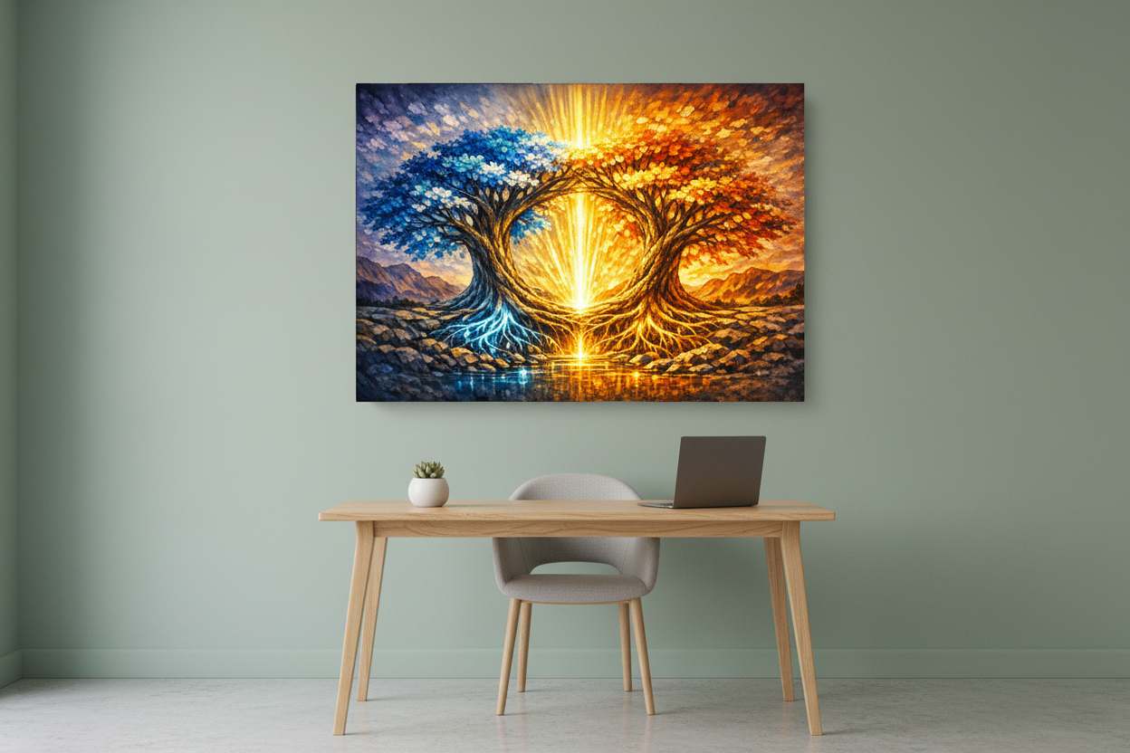 Dual element tree of light canvas wall art displayed on sage green wall above oak desk in bright Scandinavian minimalist home office - Portugal Canvas Co