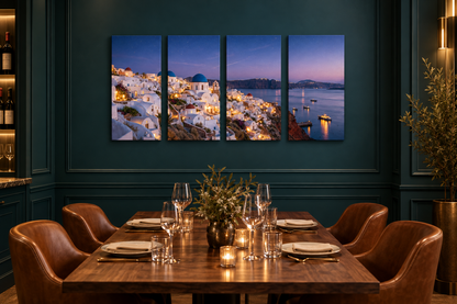 Santorini at Night four-panel canvas in a deep teal and cognac private dining room - Portugal Canvas Co