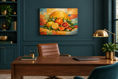 Citrus fruit still life gallery-wrapped canvas above walnut desk in a teal home office - Portugal Canvas Co