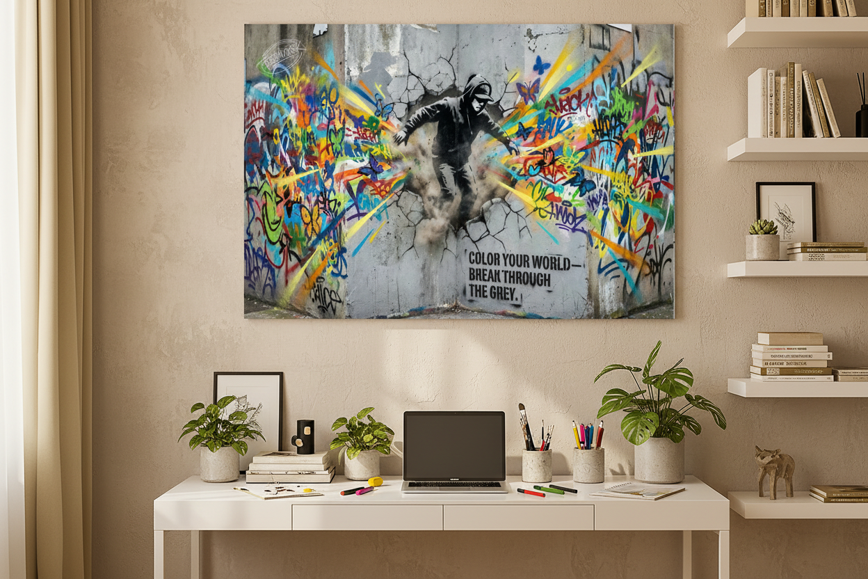 Color Your World Break Through The Grey graffiti canvas print displayed in a bright creative home office with white desk and plants - Portugal Canvas Co