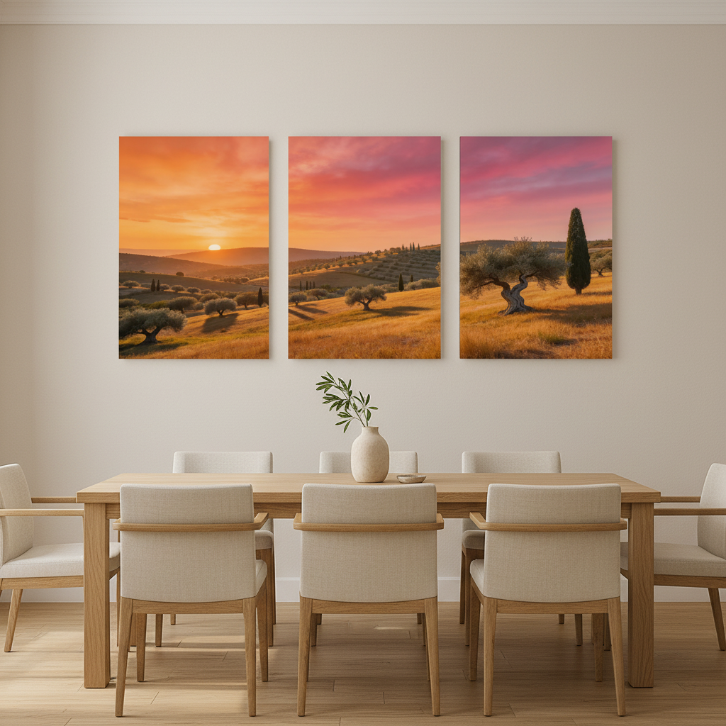 Mediterranean sunset landscape triptych olive grove canvas wall art displayed in dining room interior - Portugal Canvas Co