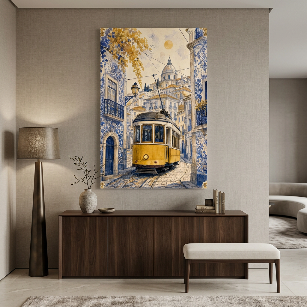 Yellow Lisbon tram canvas with Portuguese tiled buildings in a luxury neutral entrance hallway - Portugal Canvas Co