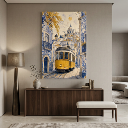 Yellow Lisbon tram canvas with Portuguese tiled buildings in a luxury neutral entrance hallway - Portugal Canvas Co
