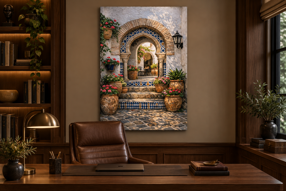 Detailed blue mosaic courtyard archway canvas on a walnut wall in a refined home office - Portugal Canvas Co