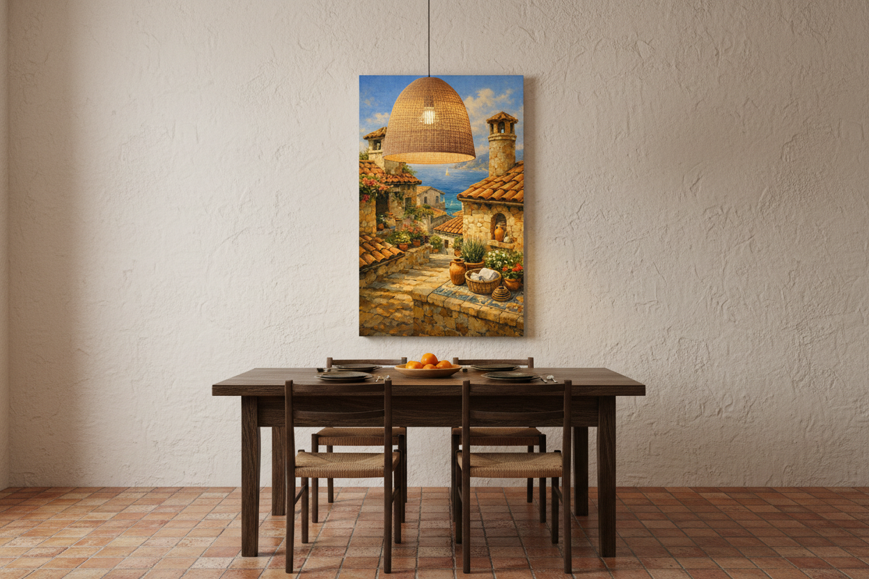 Mediterranean village sea view canvas wall art on wall of rustic dining room with dark wooden table and warm overhead pendant lighting - Portugal Canvas Co