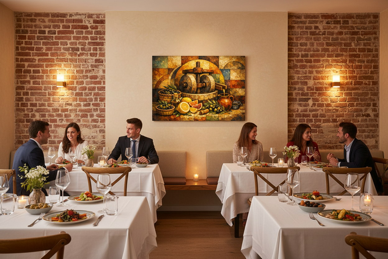 Olive oil press still life rustic Mediterranean canvas wall art displayed in an upscale restaurant dining room - Portugal Canvas Co
