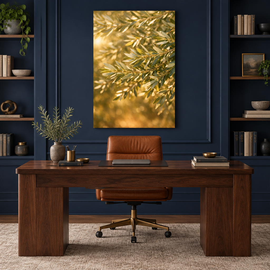 Golden olive branches canvas above a walnut desk in a navy home study - Portugal Canvas Co