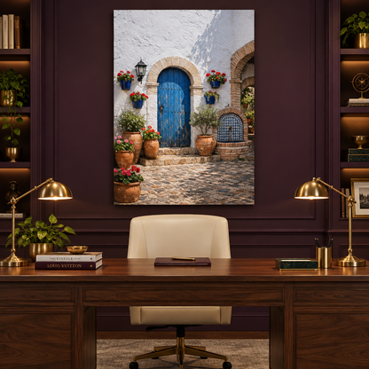 Mediterranean blue door courtyard portrait canvas above a walnut desk in an aubergine office - Portugal Canvas Co