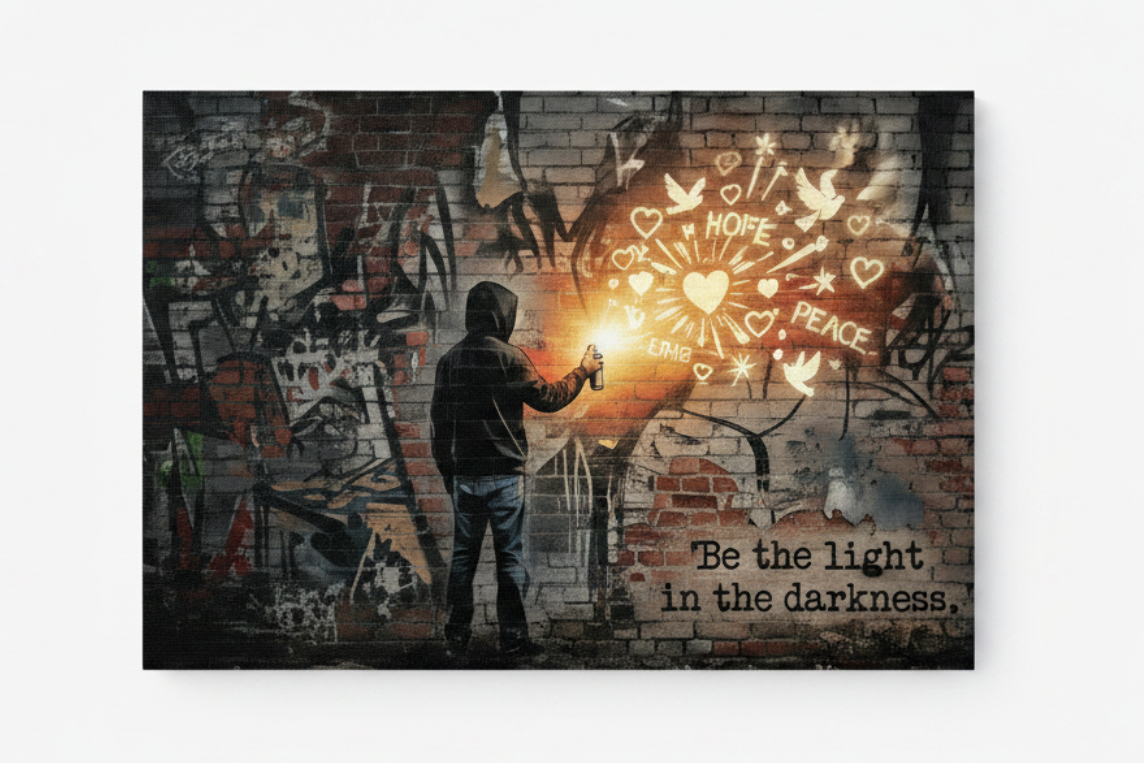 Be The Light In The Darkness graffiti street art canvas print with silhouetted figure painting glowing heart on brick wall, flat lay on white background - Portugal Canvas Co