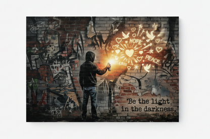 Be The Light In The Darkness graffiti street art canvas print with silhouetted figure painting glowing heart on brick wall, flat lay on white background - Portugal Canvas Co