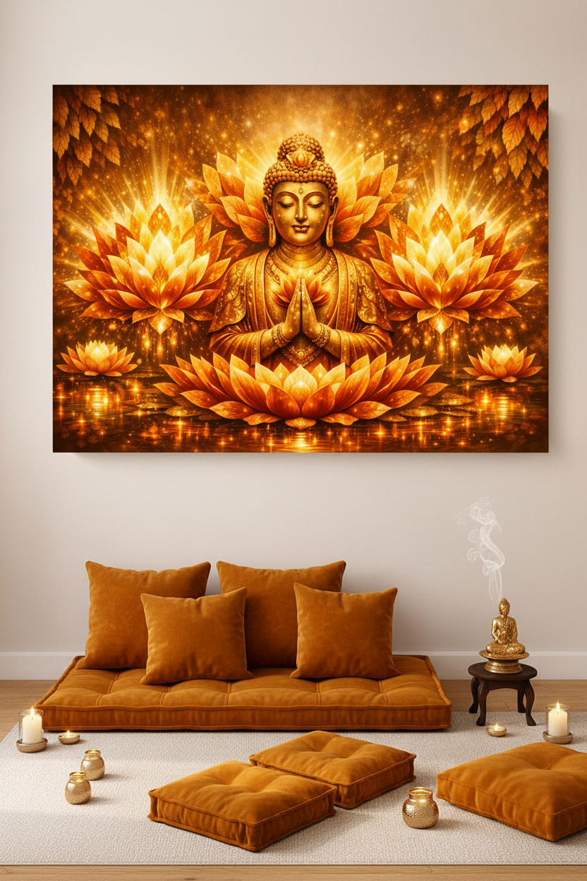 Golden Buddha meditation radiant lotus glow canvas wall art in a minimalist meditation corner with floor cushions and golden candlelight - Portugal Canvas Co
