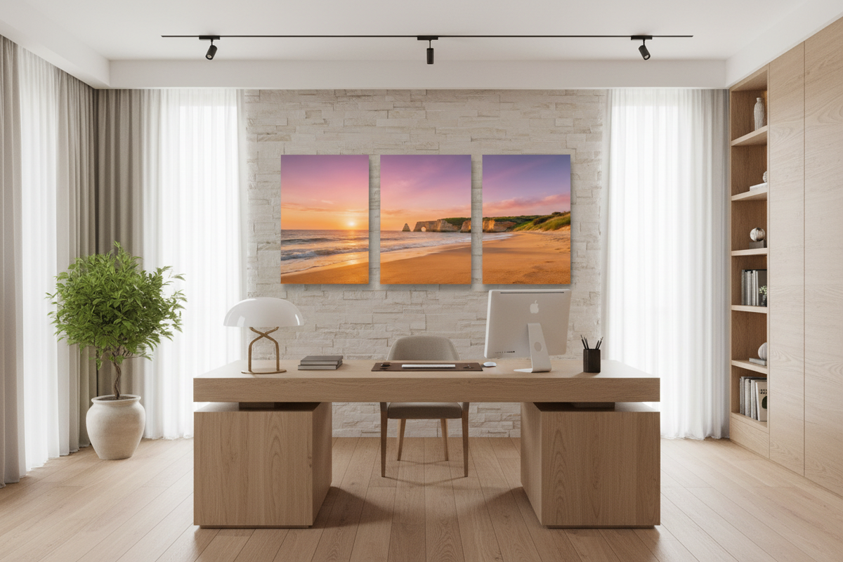 Algarve sunset beach triptych canvas in a luxury home office - Portugal Canvas Co