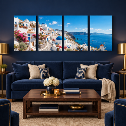 Santorini in Bloom four-panel canvas set above a navy sofa in a luxury lounge - Portugal Canvas Co