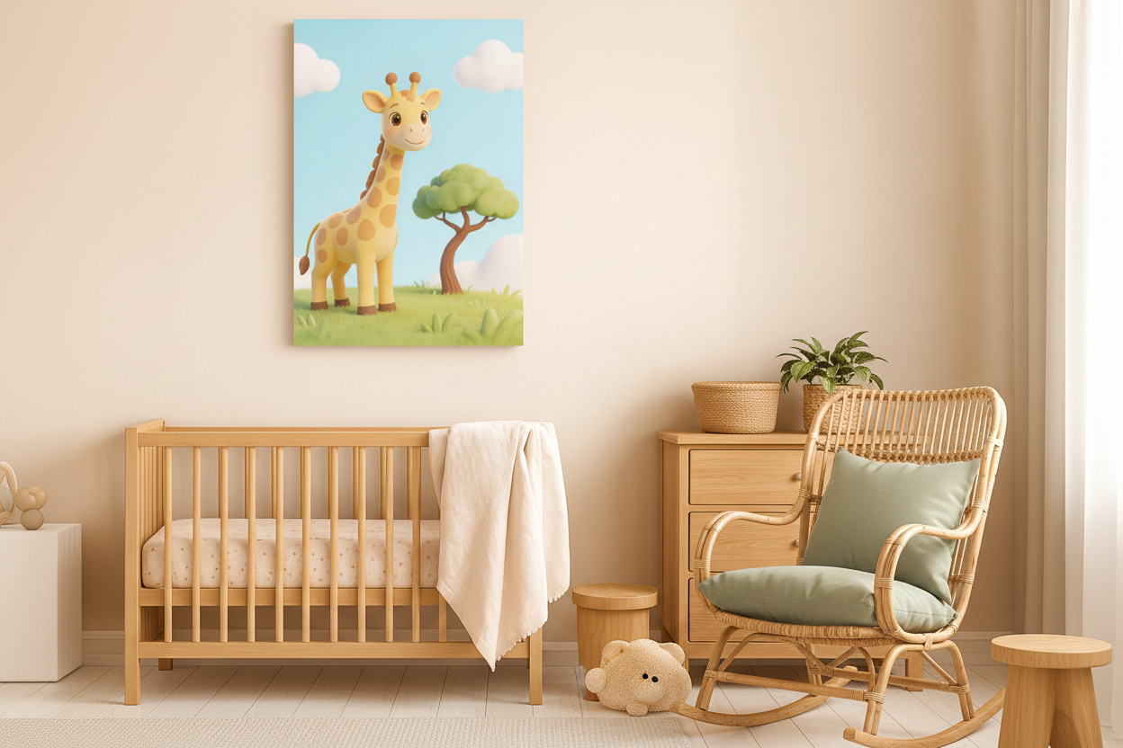 Cute giraffe canvas wall art displayed in a sage green nursery with rattan furniture - Portugal Canvas Co