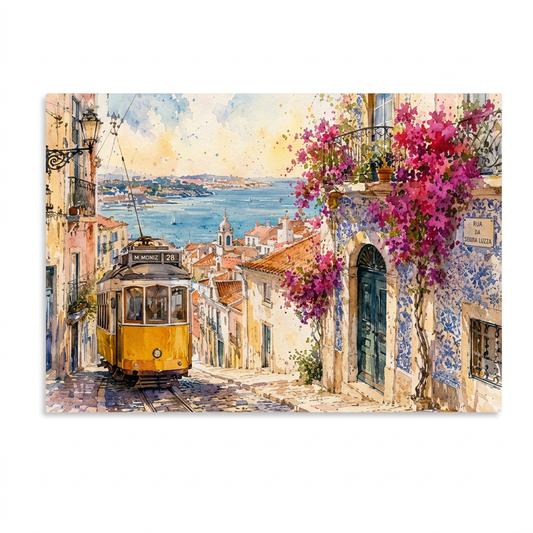 Lisbon yellow tram watercolour canvas with pink bougainvillea on a white background - Portugal Canvas Co
