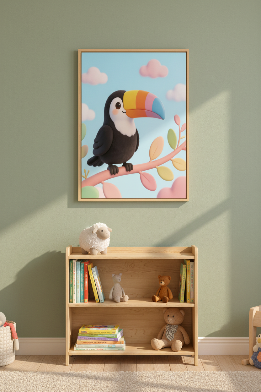 Cute toucan nursery canvas wall art on a sage green nursery wall above a wooden bookshelf - Portugal Canvas Co