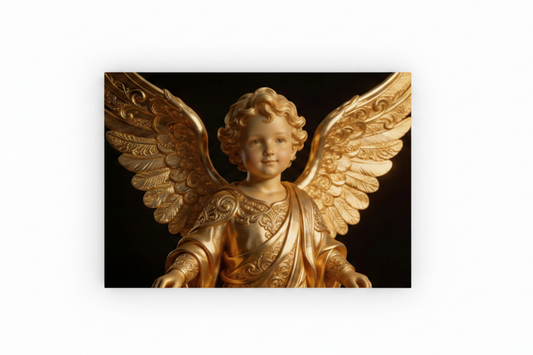 Golden Angel Child canvas wall art print with ornate wings on black background flat lay on white background - Portugal Canvas Co