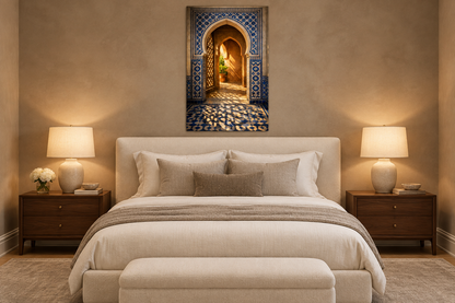 Moroccan archway with blue tile shadows portrait canvas in a warm taupe bedroom - Portugal Canvas Co