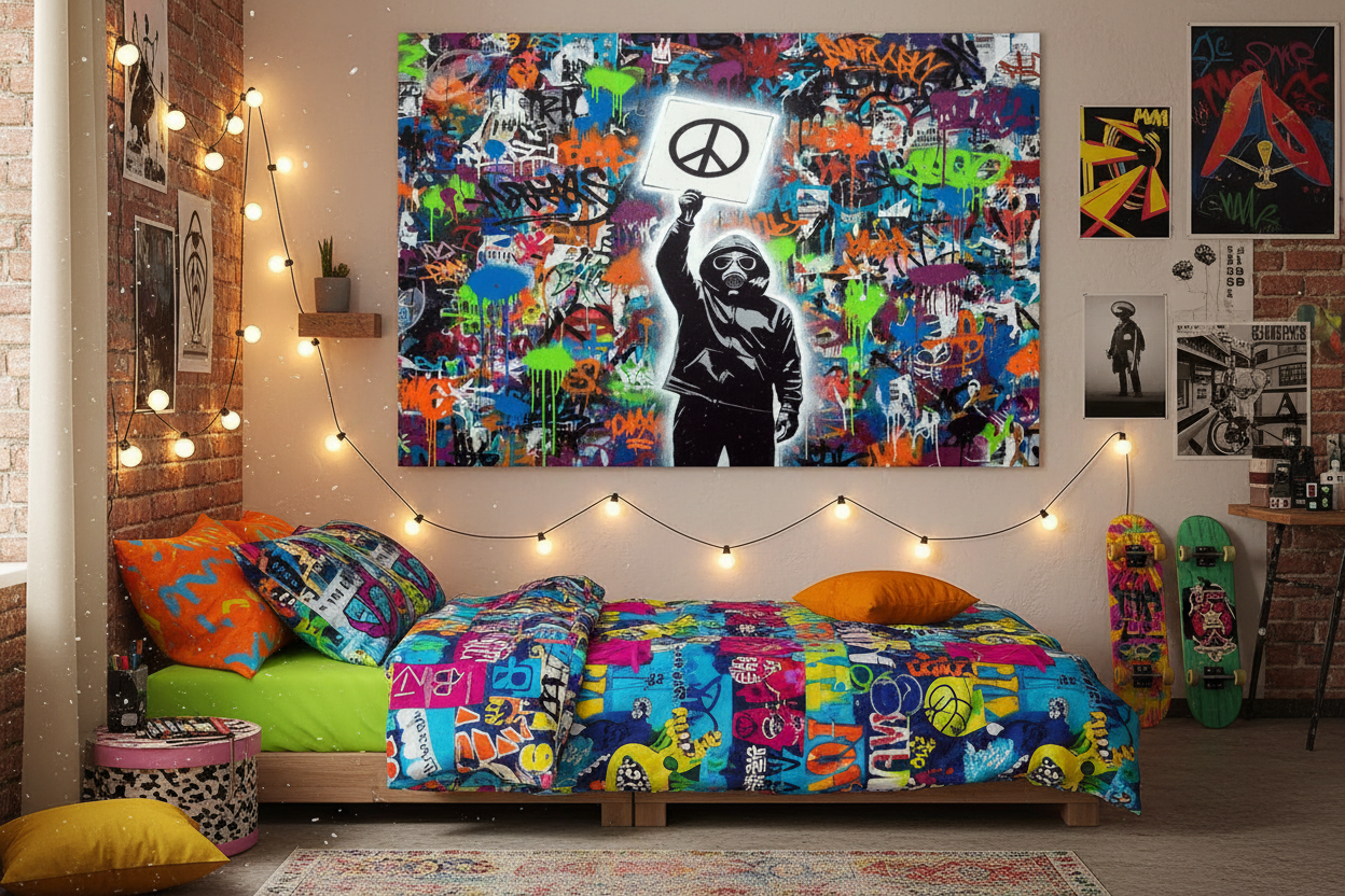 Peace symbol graffiti canvas print displayed in a vibrant teenager bedroom with string lights and urban decor - Portugal Canvas Co